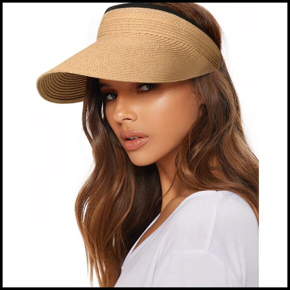 Straw Sun Visor Hat Packable Travel Beach UPF 80+ Adjustable Ponytail Friendly main image 7